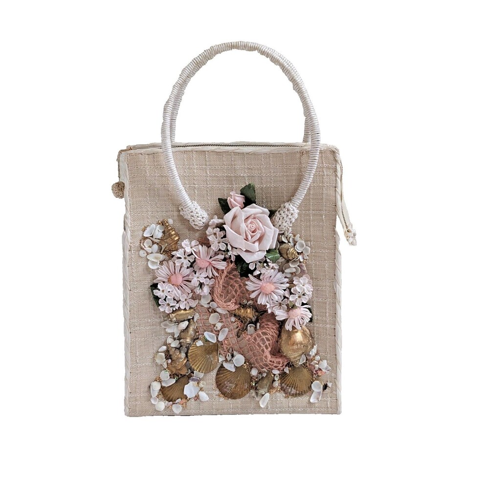 Vintage Coastal Seashell Floral Handbag Mermaid Kitsch Woven Cream Purse 50s 60s